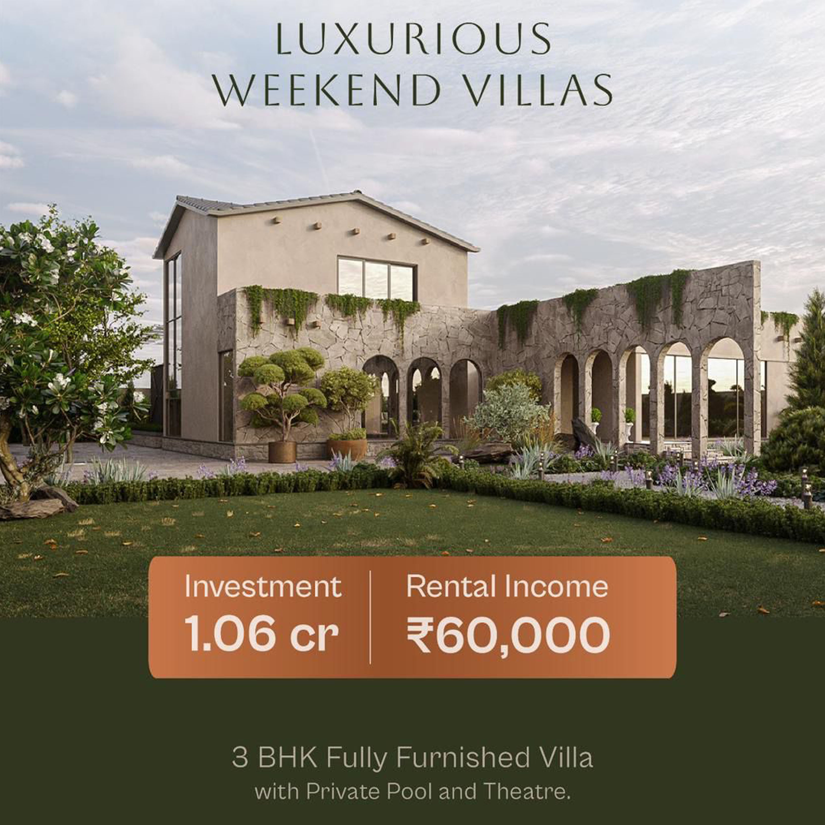 The Cube Club Weekend Villa at Bavla Road, Europian Theme Fully Furnished villa at 55 Lakhs with 7% Return