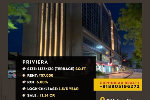 Exterior view of 1133 sq.ft pre-leased office space with an additional 330 sq.ft terrace for sale at Priviera, Ambawadi - Offering 6.00% ROI